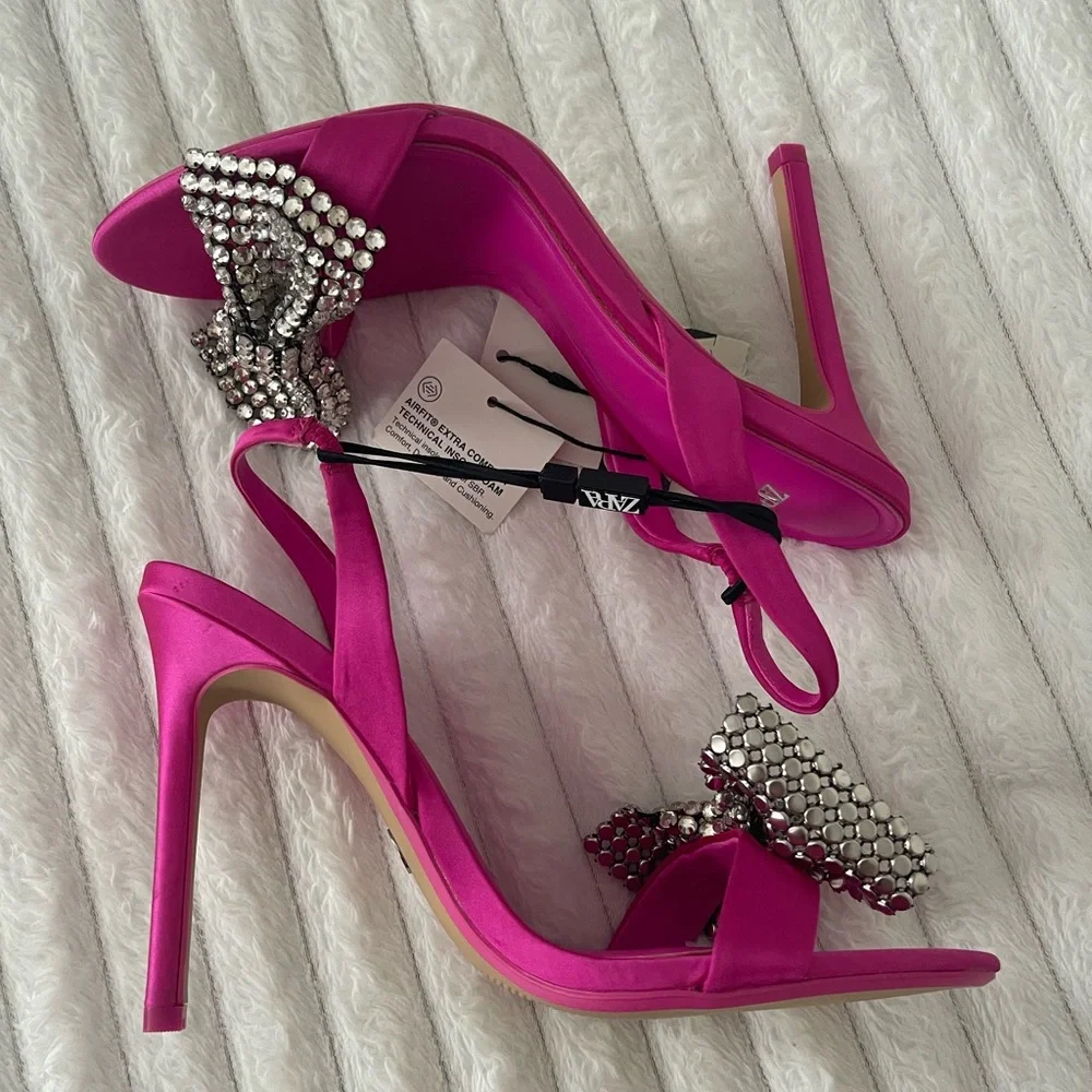 Zara Fuchsia Embellished Bow High Heel Slingbacks - Picture 6 of 13